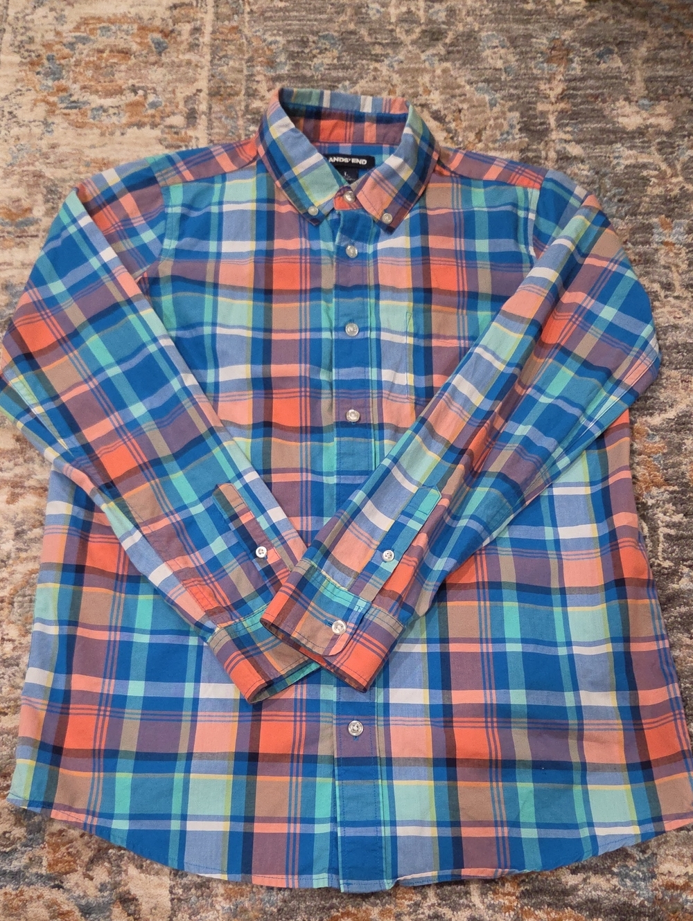 Lands' End Boys Blue and Orange Plaid Button-Down Shirt